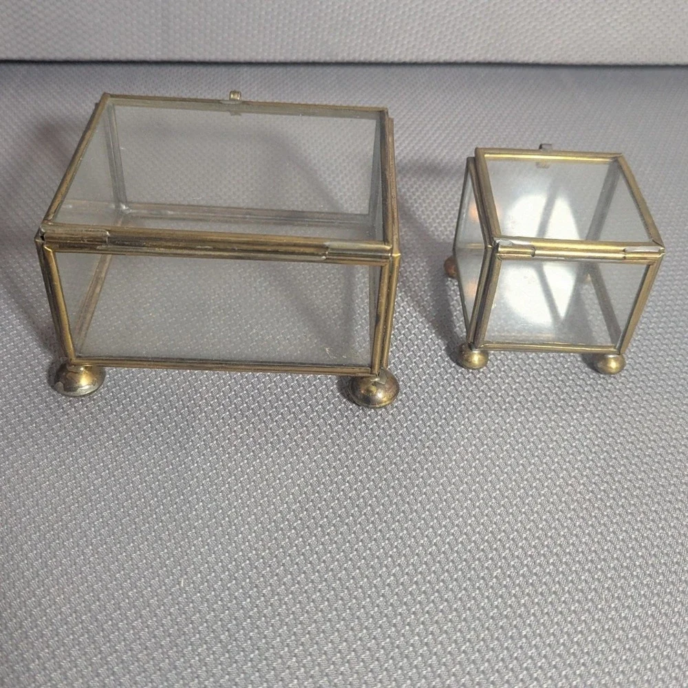 Vintage Brass and Clear Glass Jewelry Trinket Casket Box Set of 2 Footed